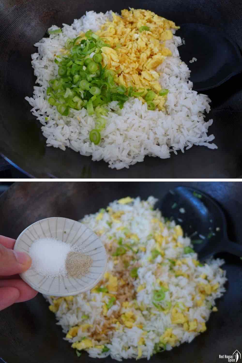 Adding scallions, scrambled egg and seasonings to rice.