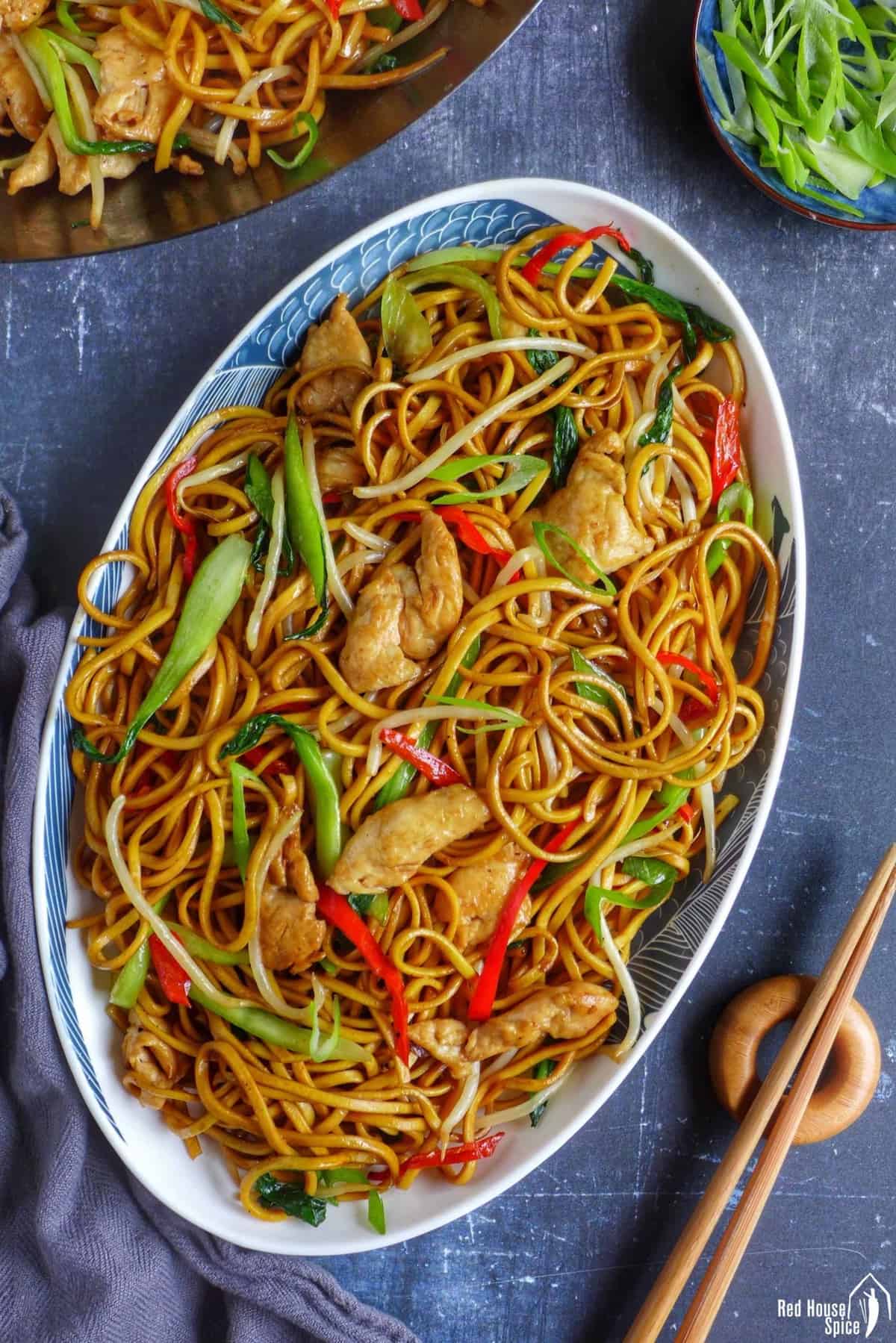 a plate of chicken chow mein.