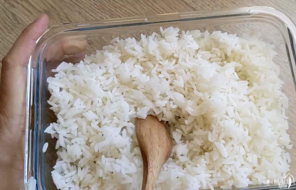 cooked rice in a container.