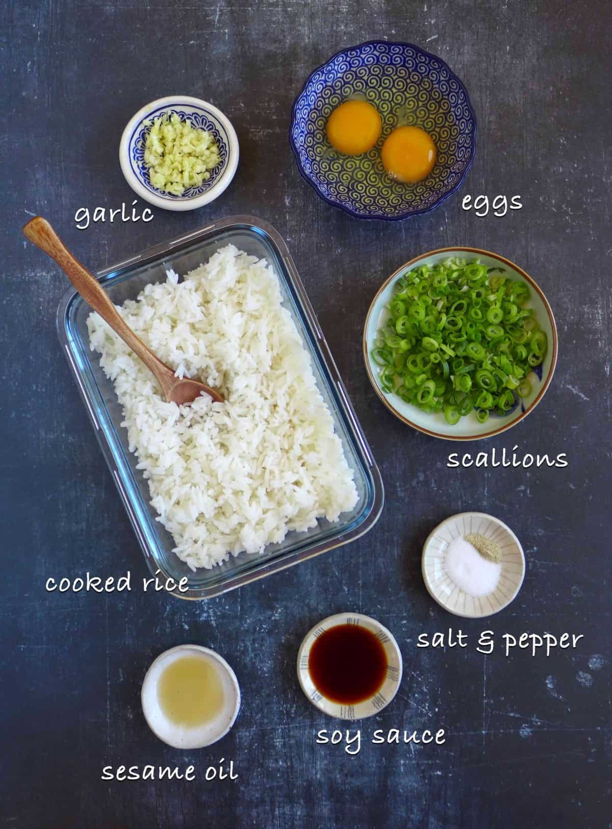 Ingredients for making egg fried rice.