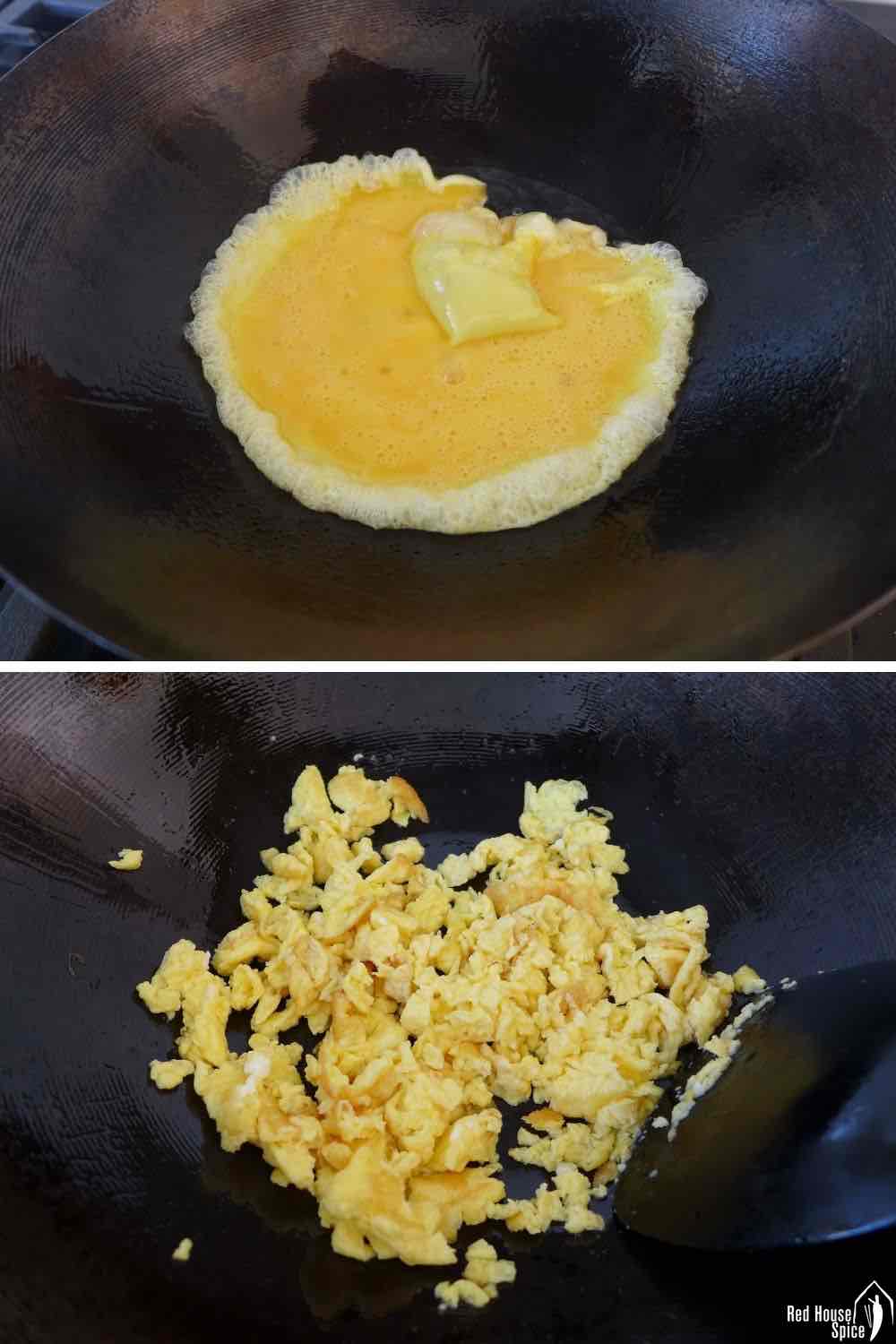 scramble eggs in oil.