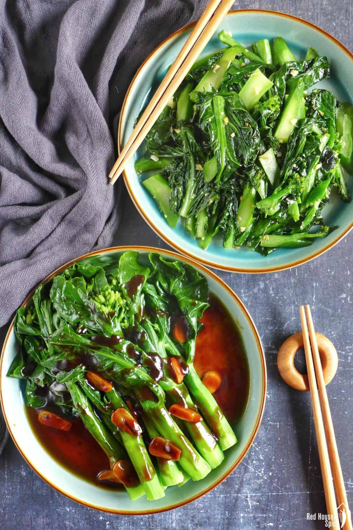 Chinese broccoli cooked in two ways, blanched with oyster sauce and stir-fried with garlic and ginger.