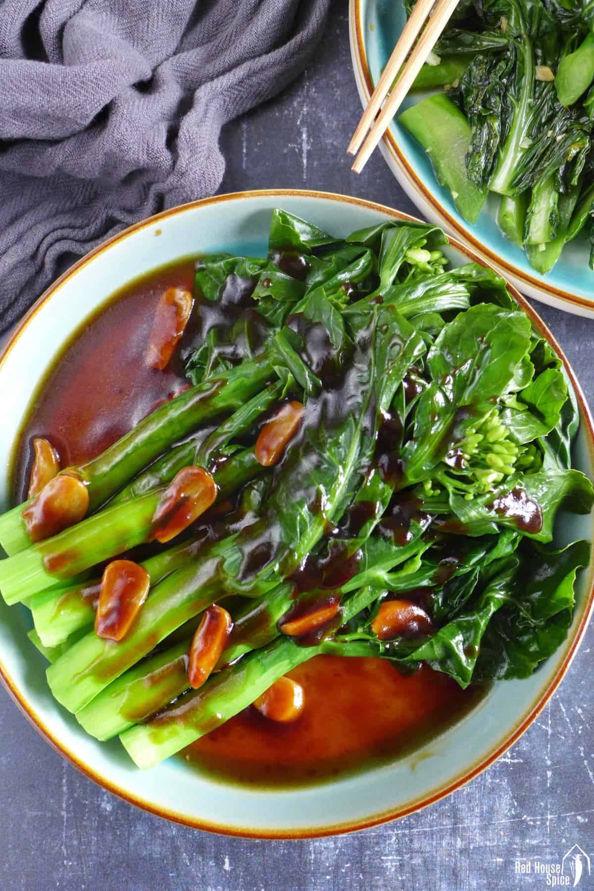 Chinese broccoli with oyster sauce and garlic.