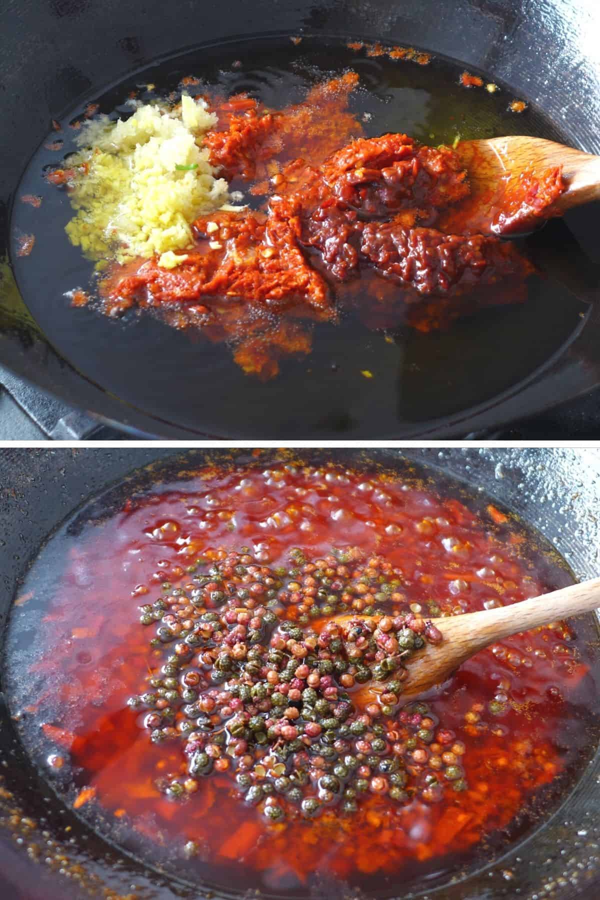 frying chili paste, garlic and Sichuan pepper in oil