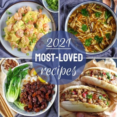 A collage of four dishes with overlay text that says 2021 most-loved recipes
