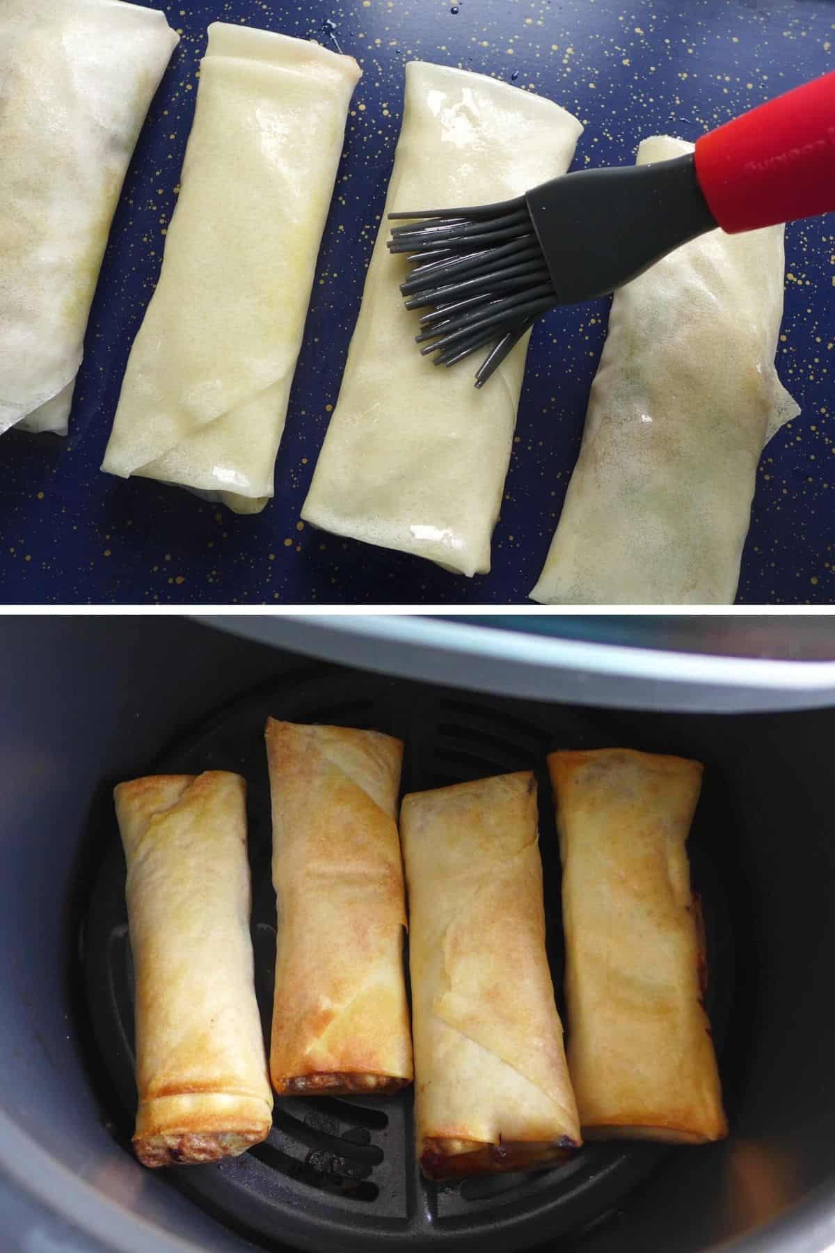 brush oil over uncooked spring rolls and cook them in an air fryer