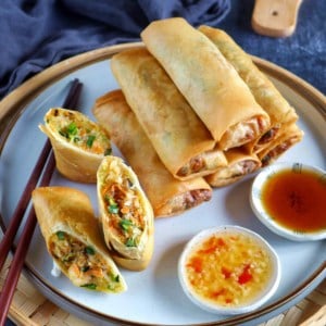 whole spring rolls and some halved ones