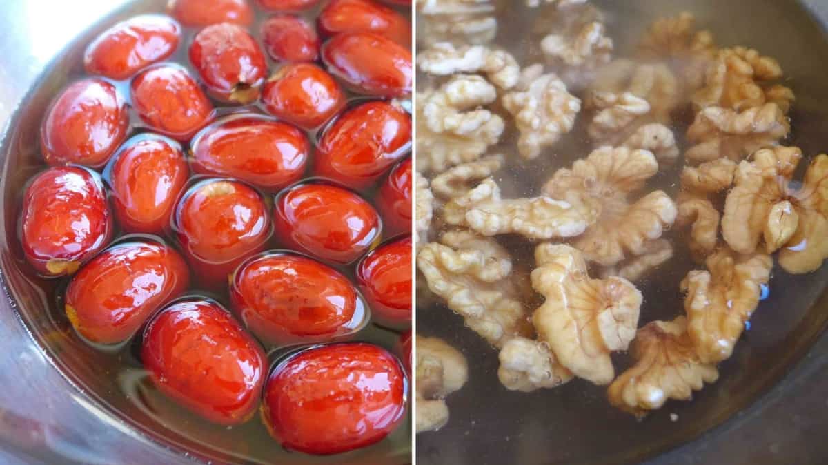 soaking chinese dates and walnuts in water