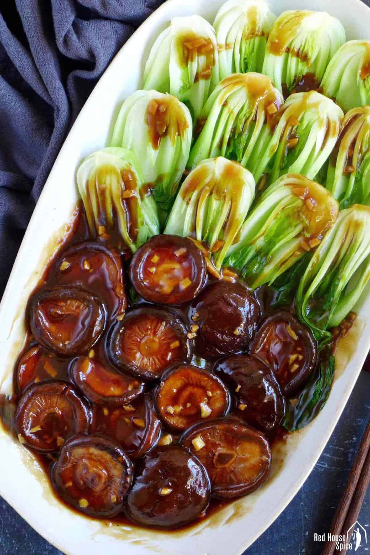 braised shiitake mushrooms over blanched bok choy