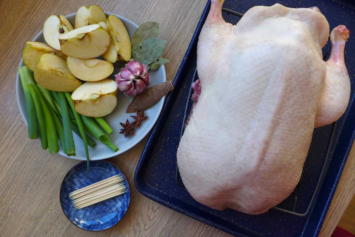 a duck with stuffings, such as apples, scallions, garlic and spices