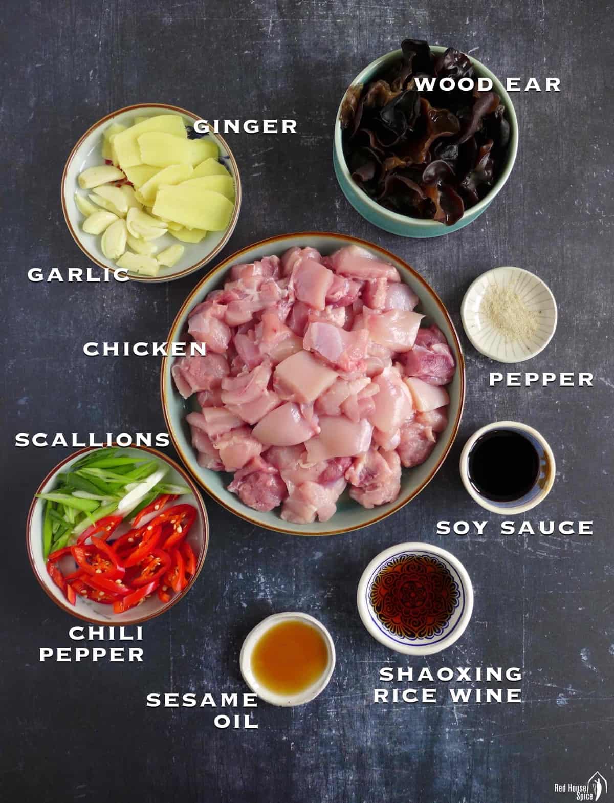 Raw ingredients for cooking ginger chicken