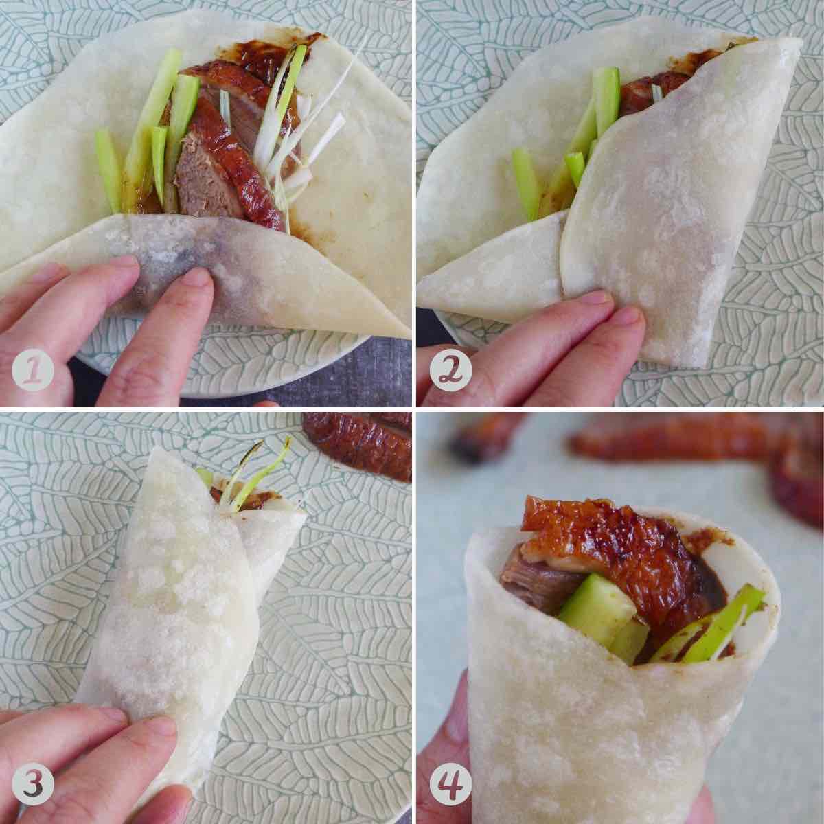 A collage of four images showing how to wrap a Peking duck roll.