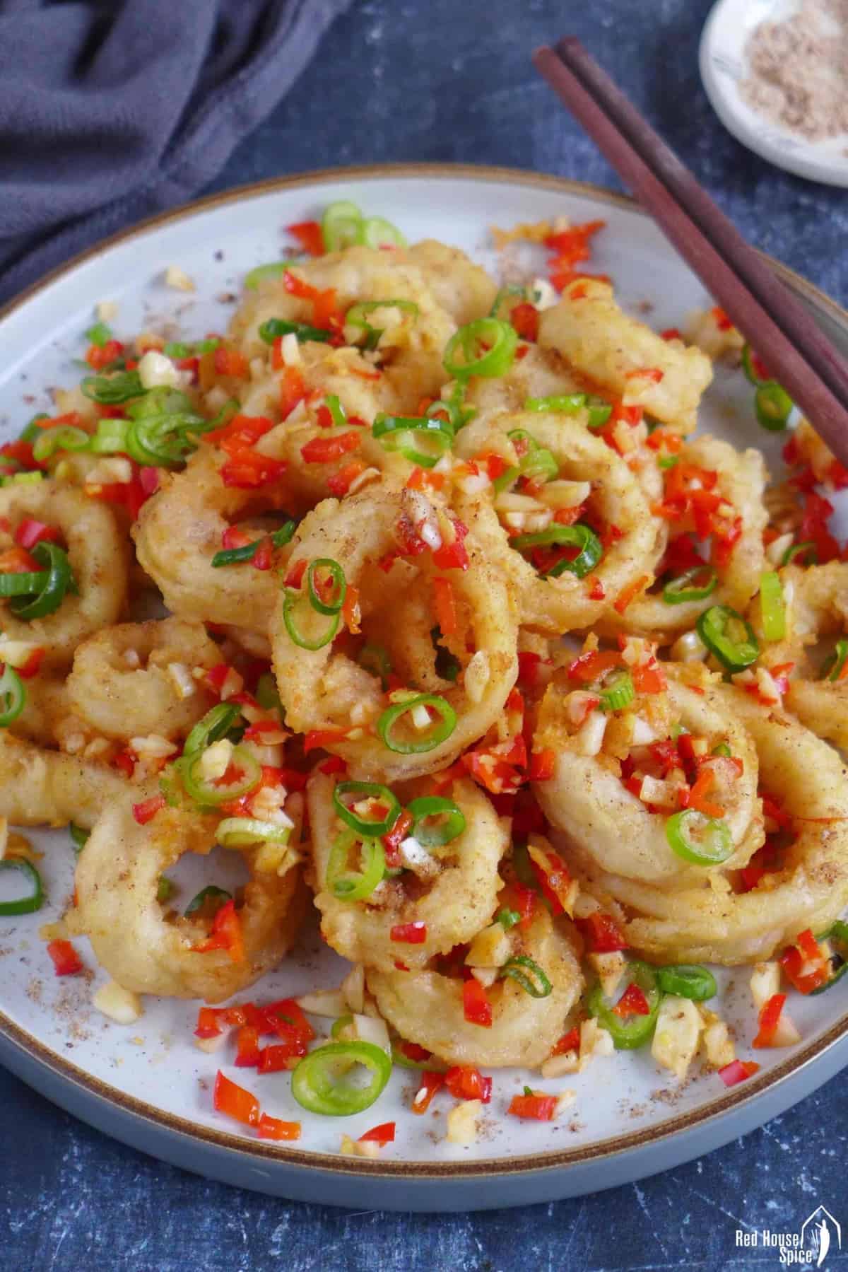 deep fried squid rings with aromatics