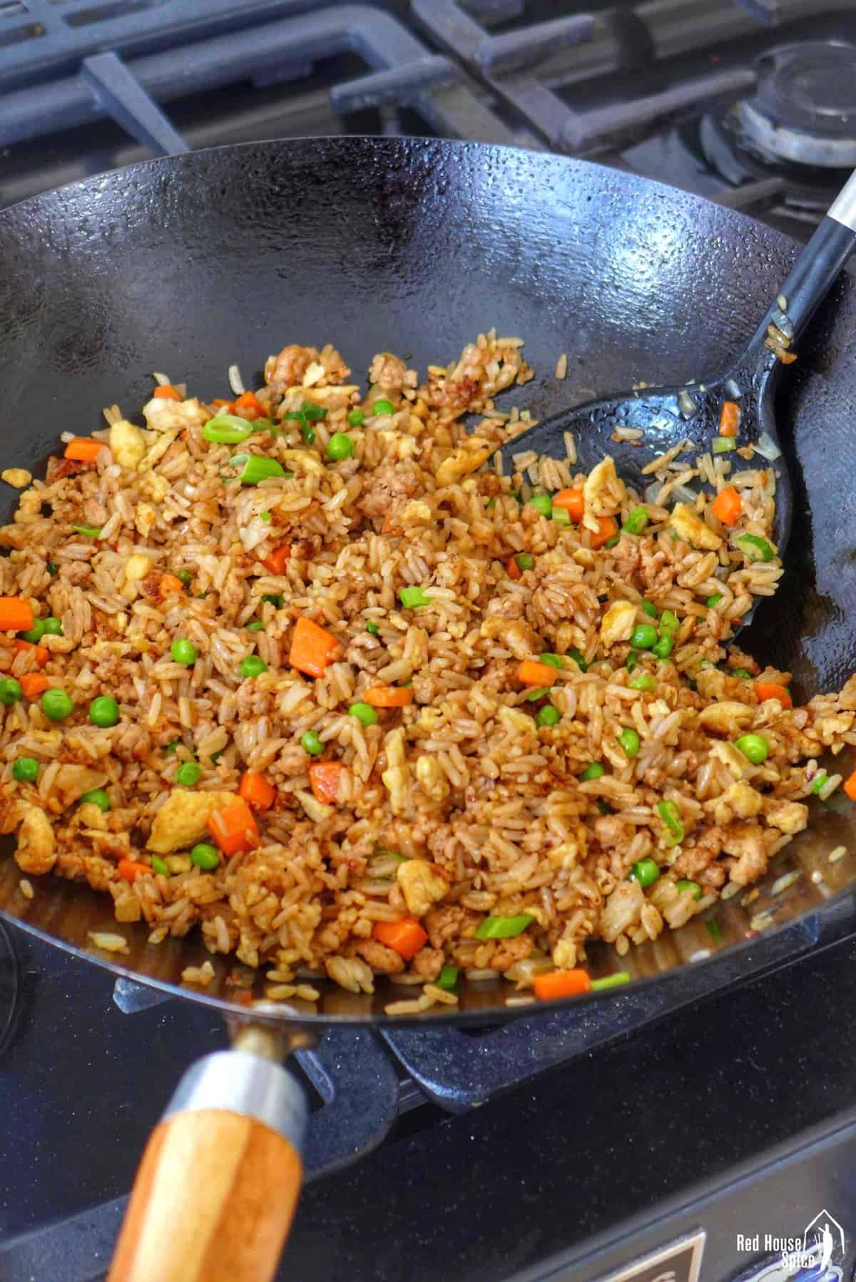 pork fried rice in a wok