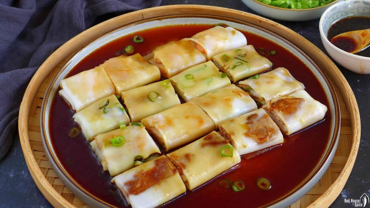 a plate of Cheung fun with sauce