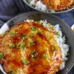 egg foo young over a bowl of rice with overlay text that says egg foo young.