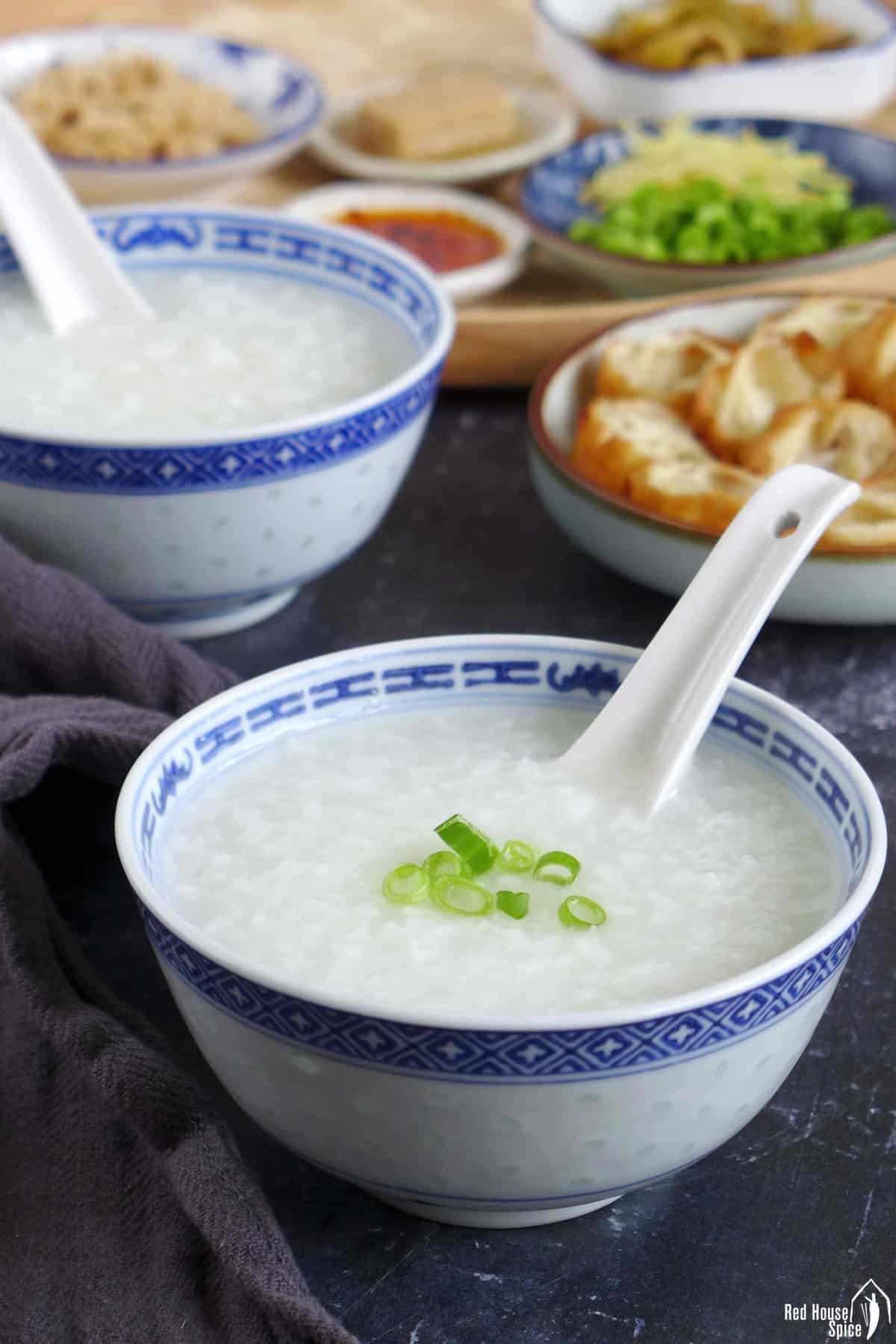 a bowl of plain congee with scallion garnishing