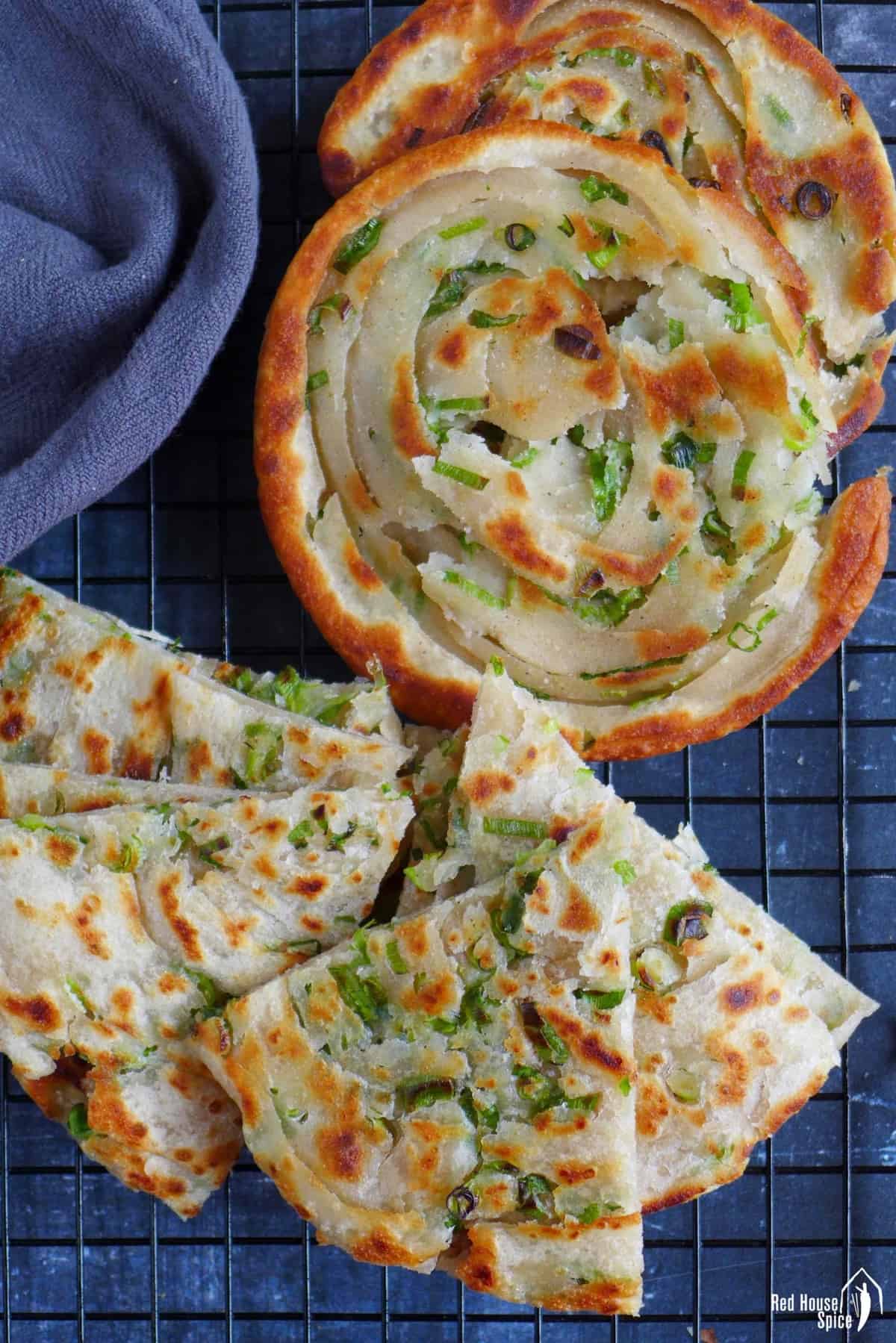 scallion pancakes torn and cut