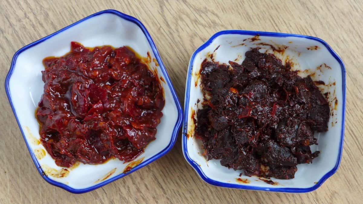 regular and red oil versions of Sichuan chilli bean paste