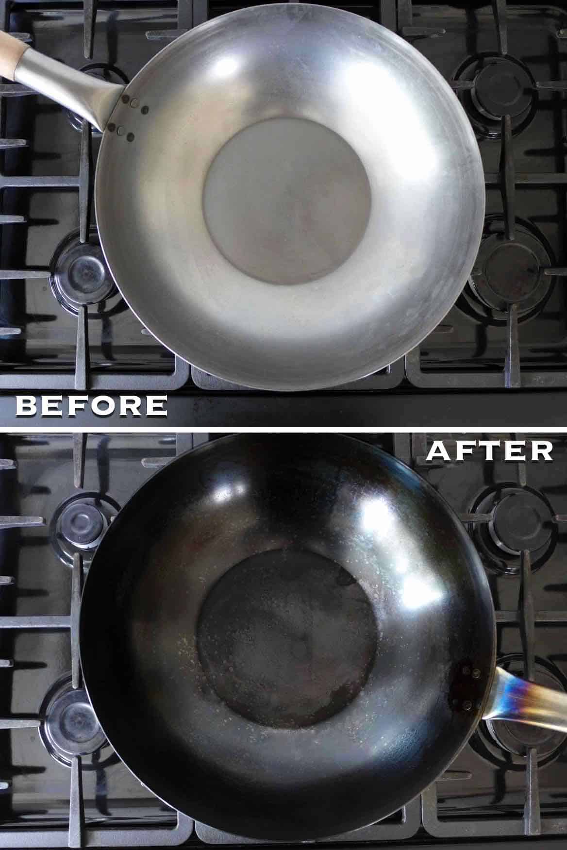 a new wok and a seasoned wok