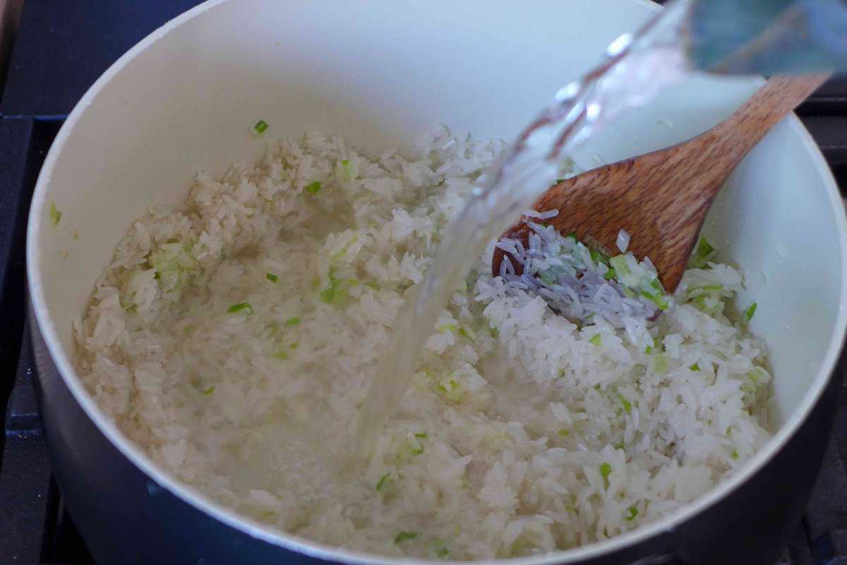 adding water to rice