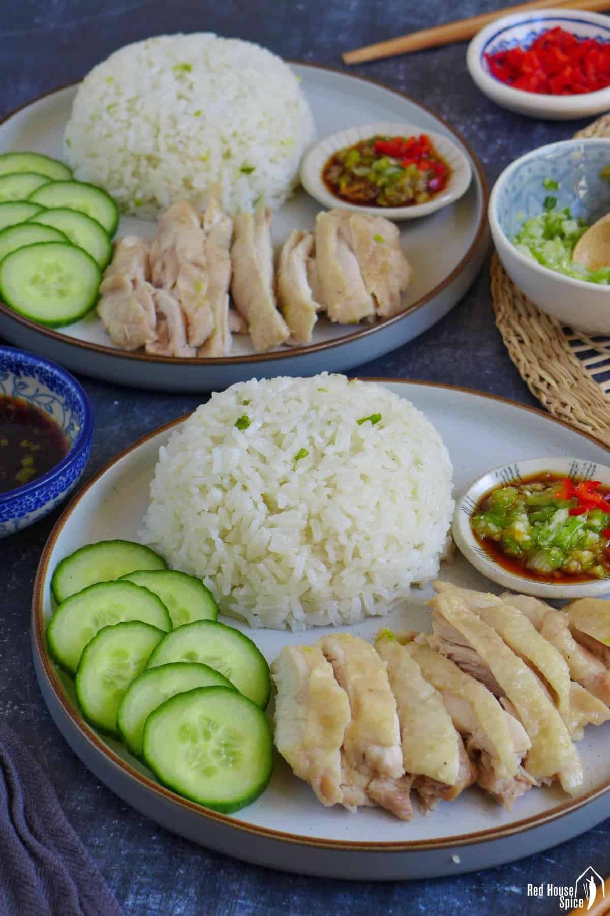 chicken slices, steamed rice and cucumber on plates
