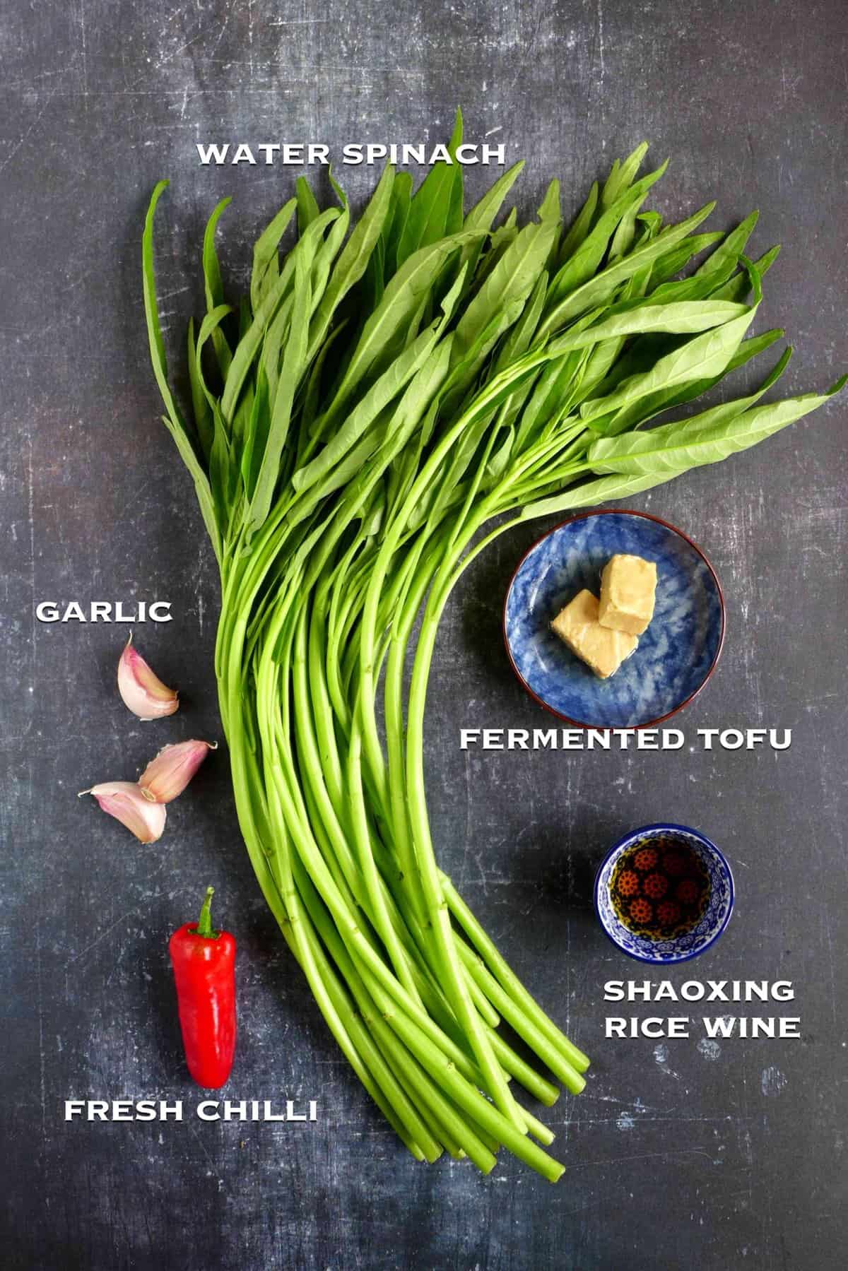 ingredients for making cantonese water spinach stir-fry