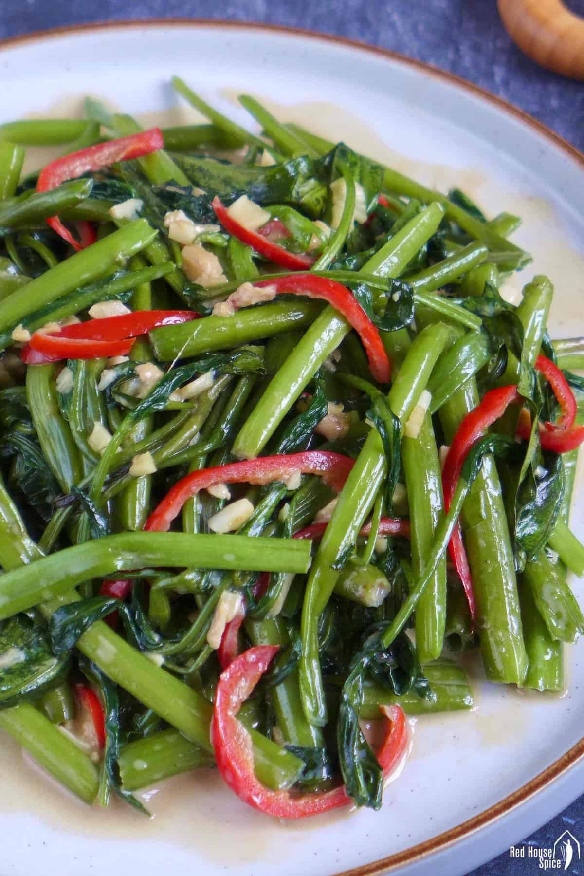 water spinach stir-fry with garlic, chilli and seasonings