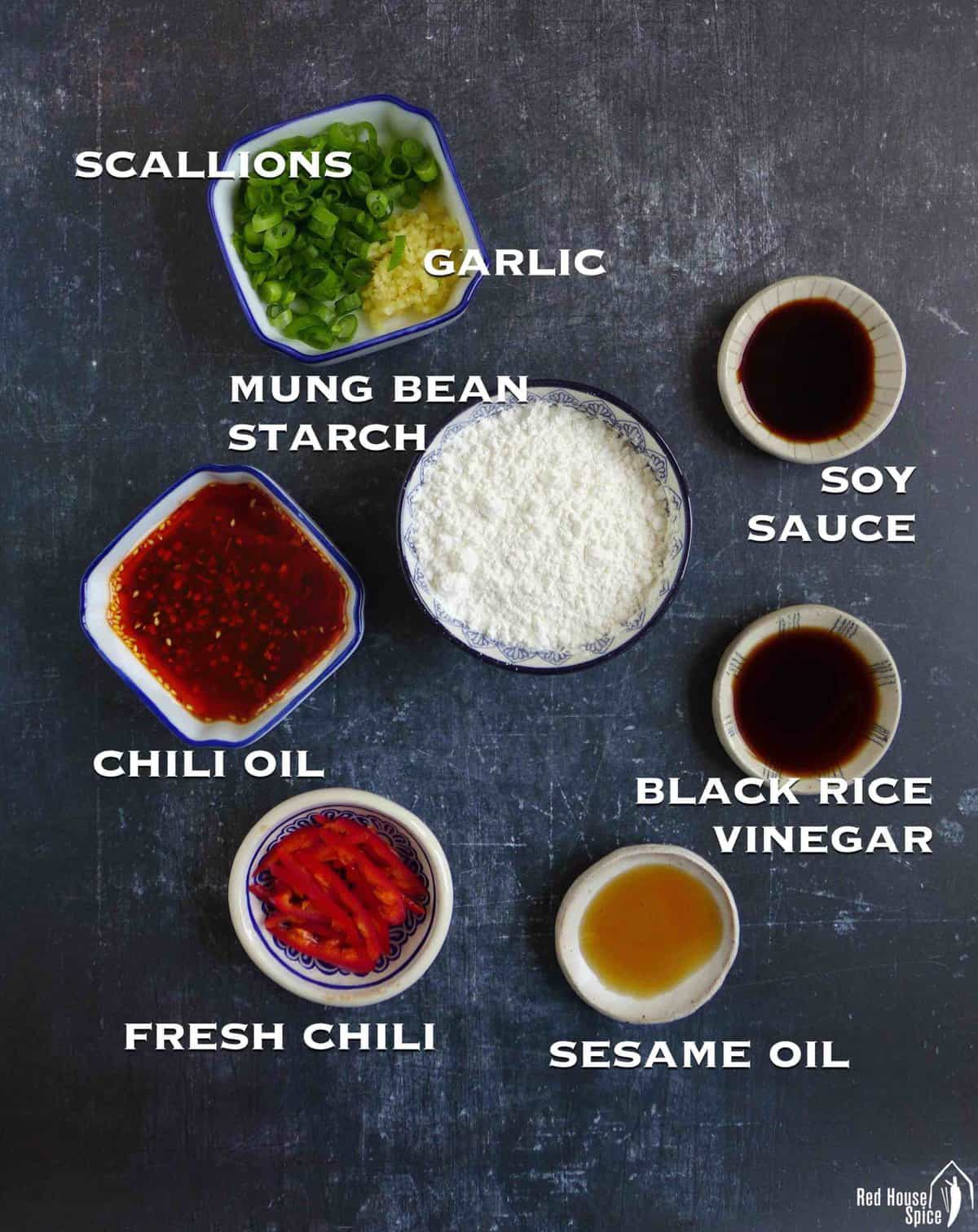 Ingredients including starch, scallions, garlic, soy sauce, vinegar, sesame oil, chili oil, etc.