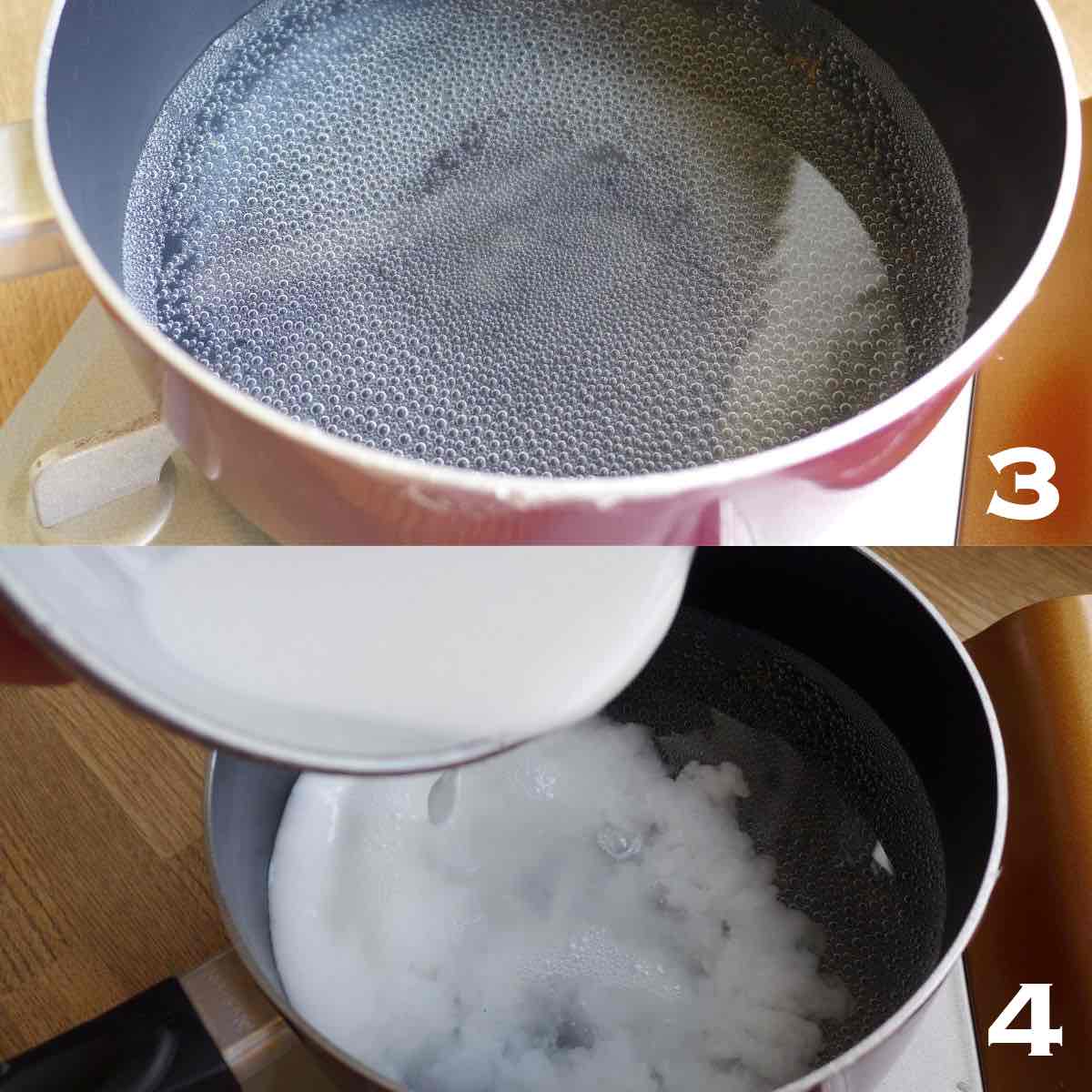 pour the starch water mixture into heated water.