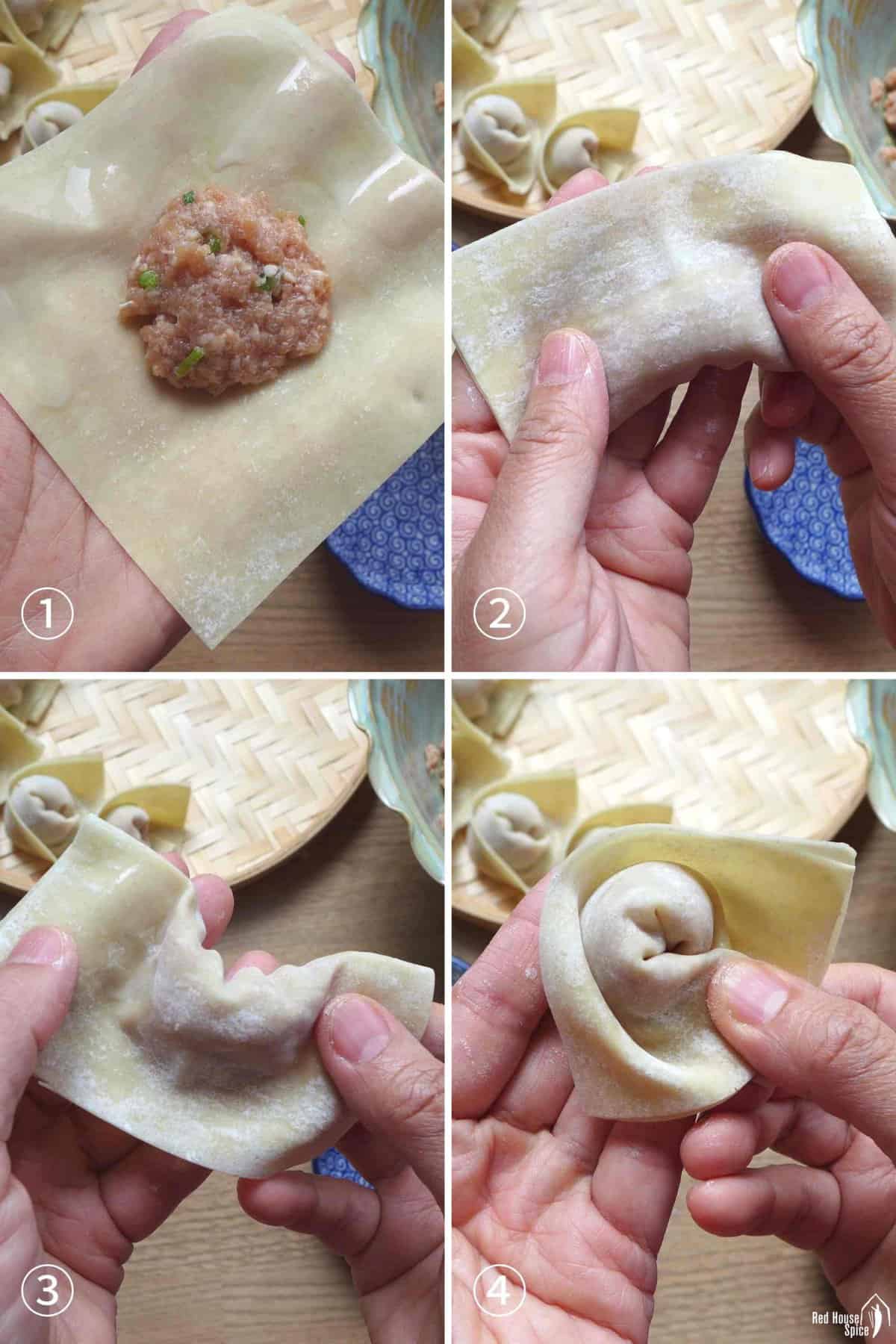 A collage of photos showing the process of folding a wonton.