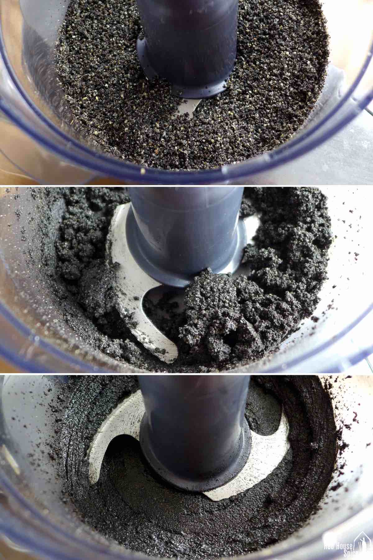 blending black sesame seeds in a food processor.