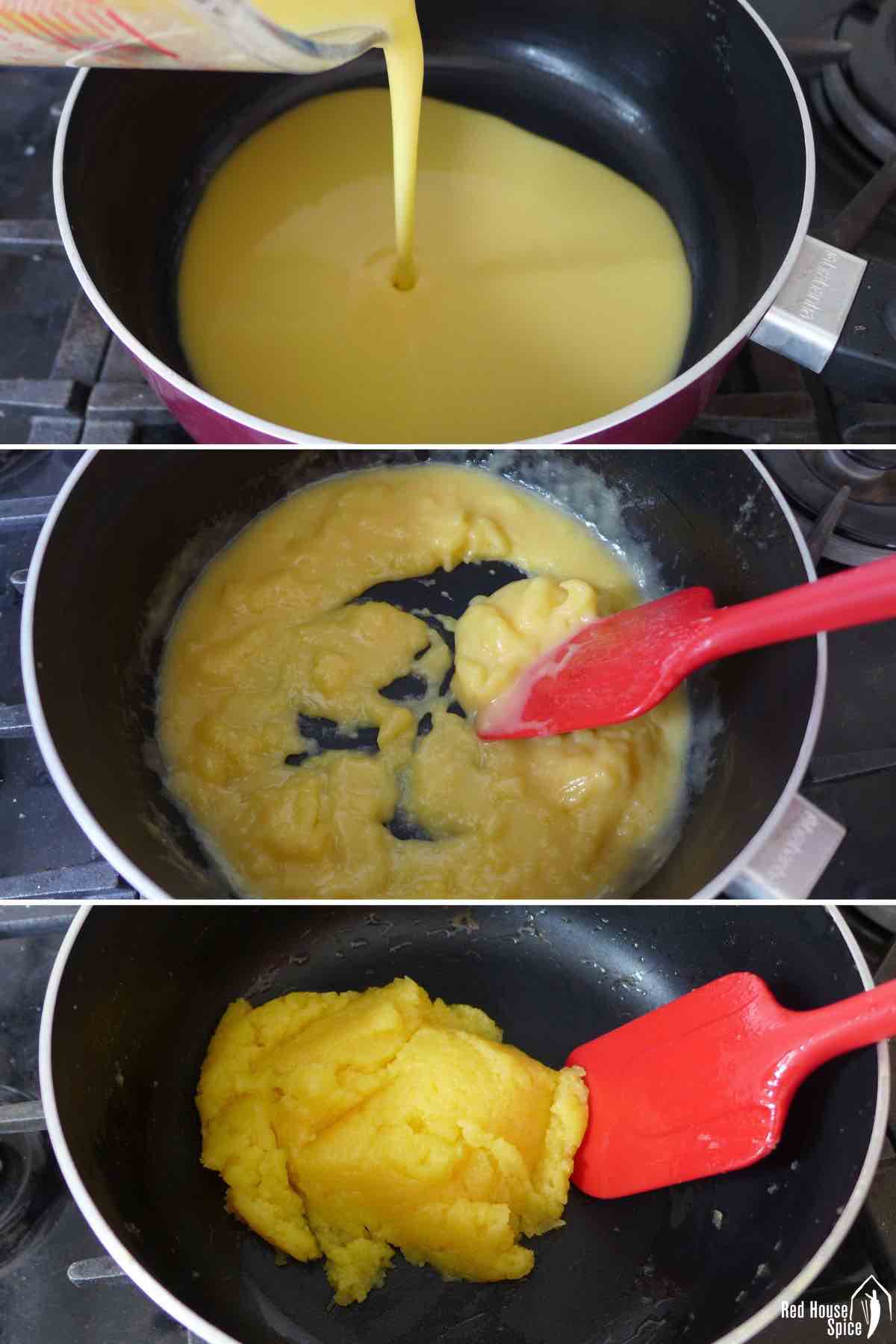 cooking custard filling in a pan.