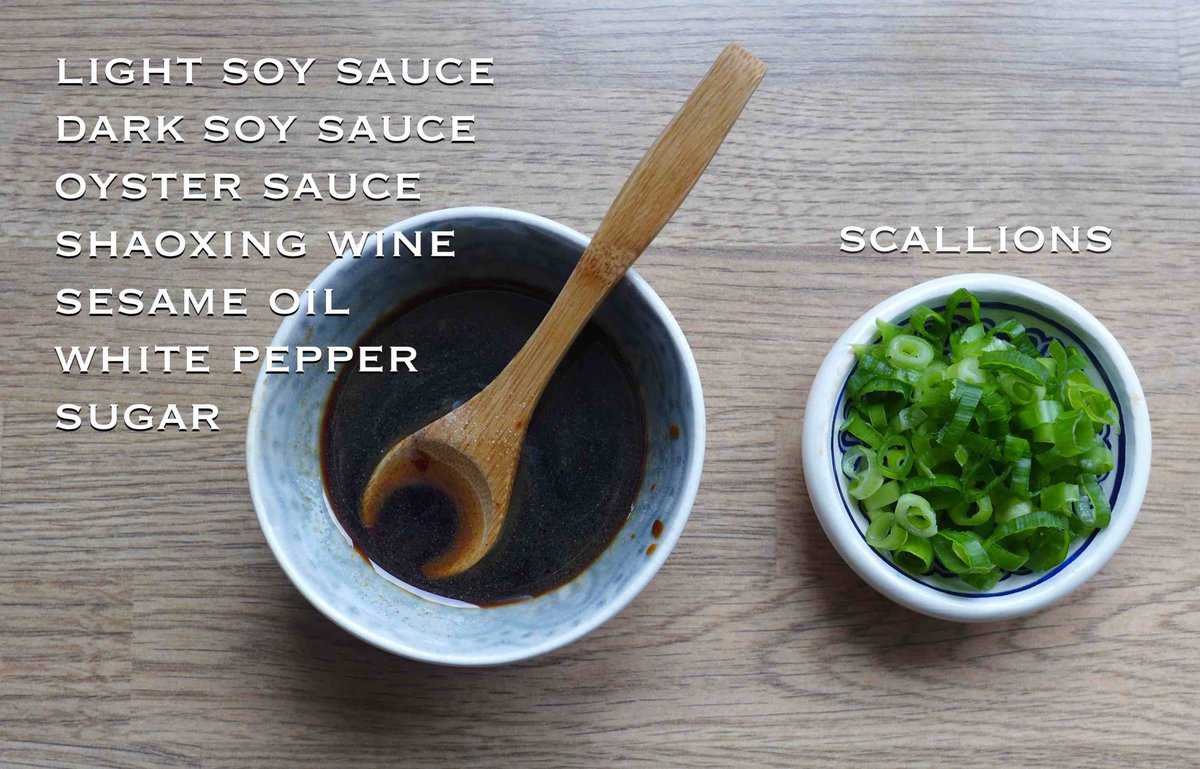 Mixed sauce and scallions.