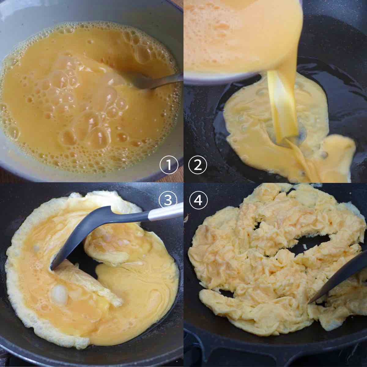 four steps to scramble eggs in oil.
