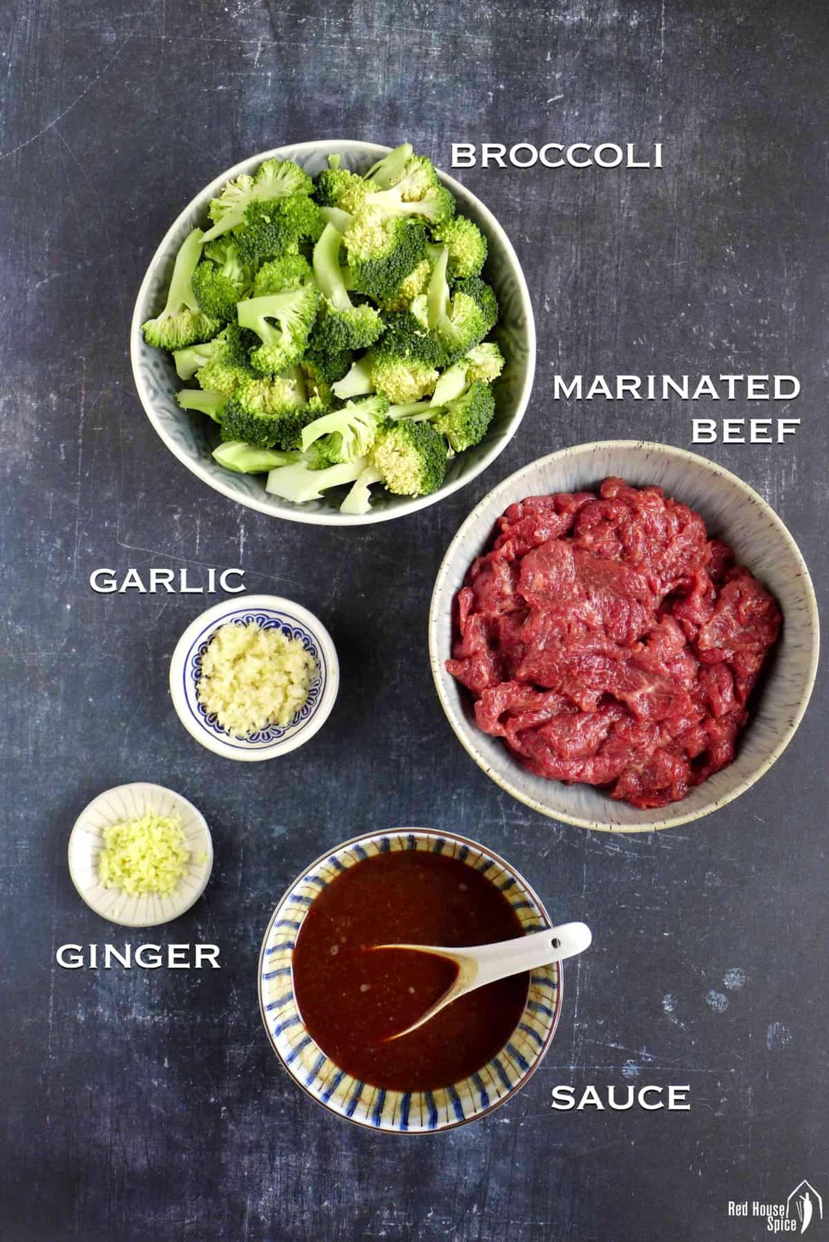 raw broccoli, marinated beef, ginger, garlic and sauce.