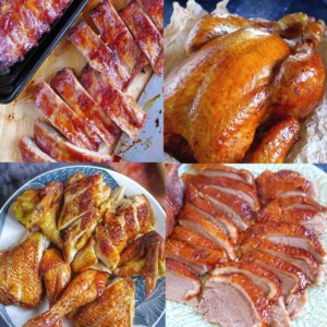 Four dishes: smoked chicken, five spice chicken, Peking duck and Char Siu ribs.