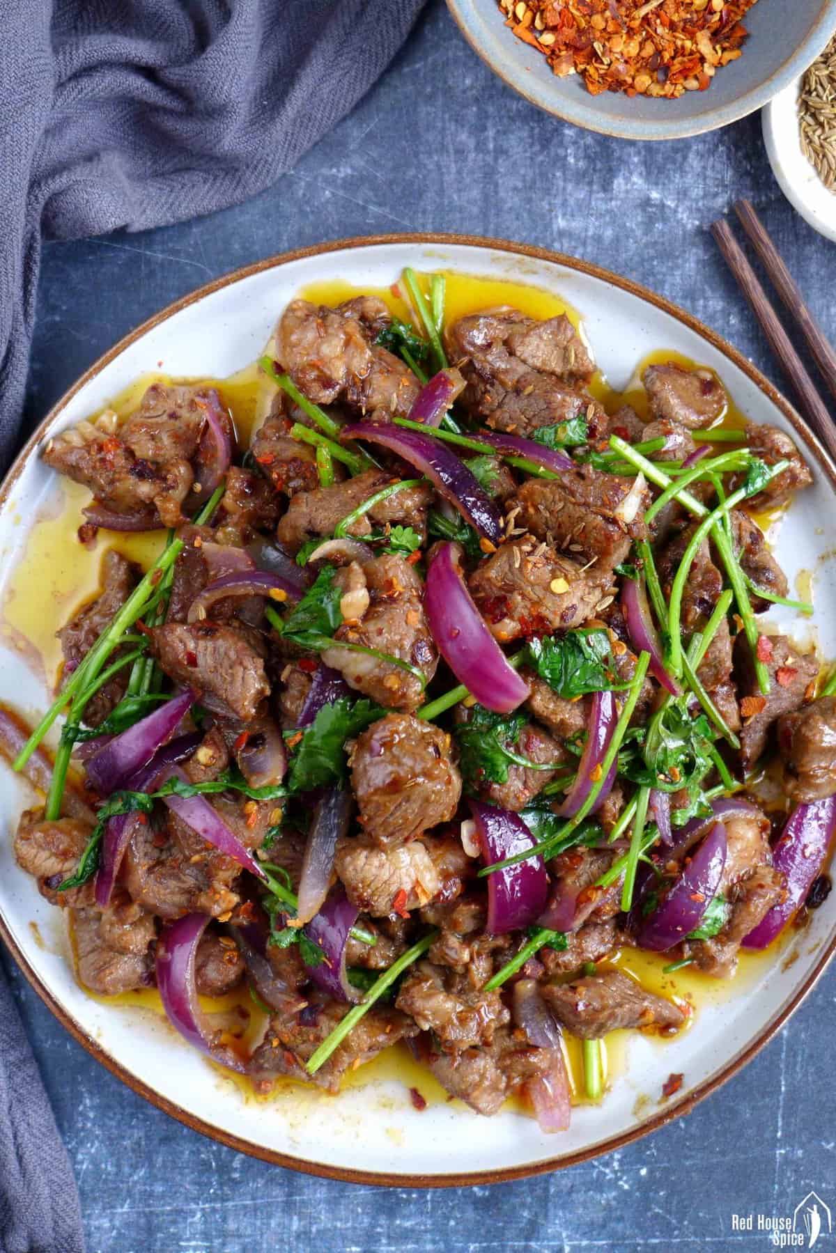 a plate of Xinjiang cumin lamb stir-fry.
