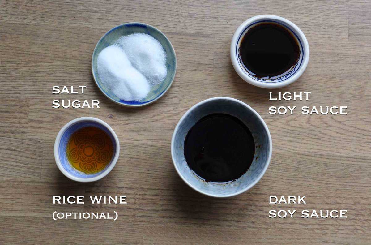 salt, sugar, light soy sauce, dark soy sauce and rice wine.