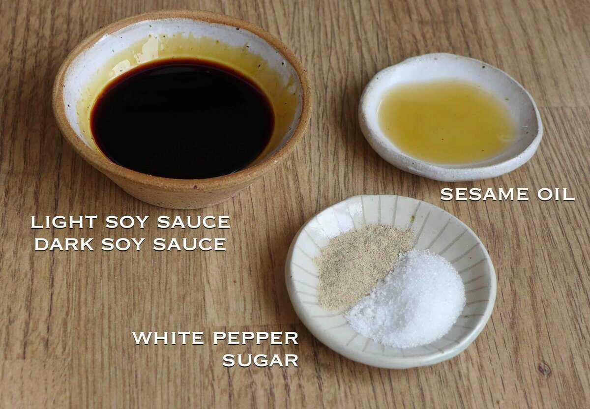 soy sauce, sesame oil, sugar and white pepper.