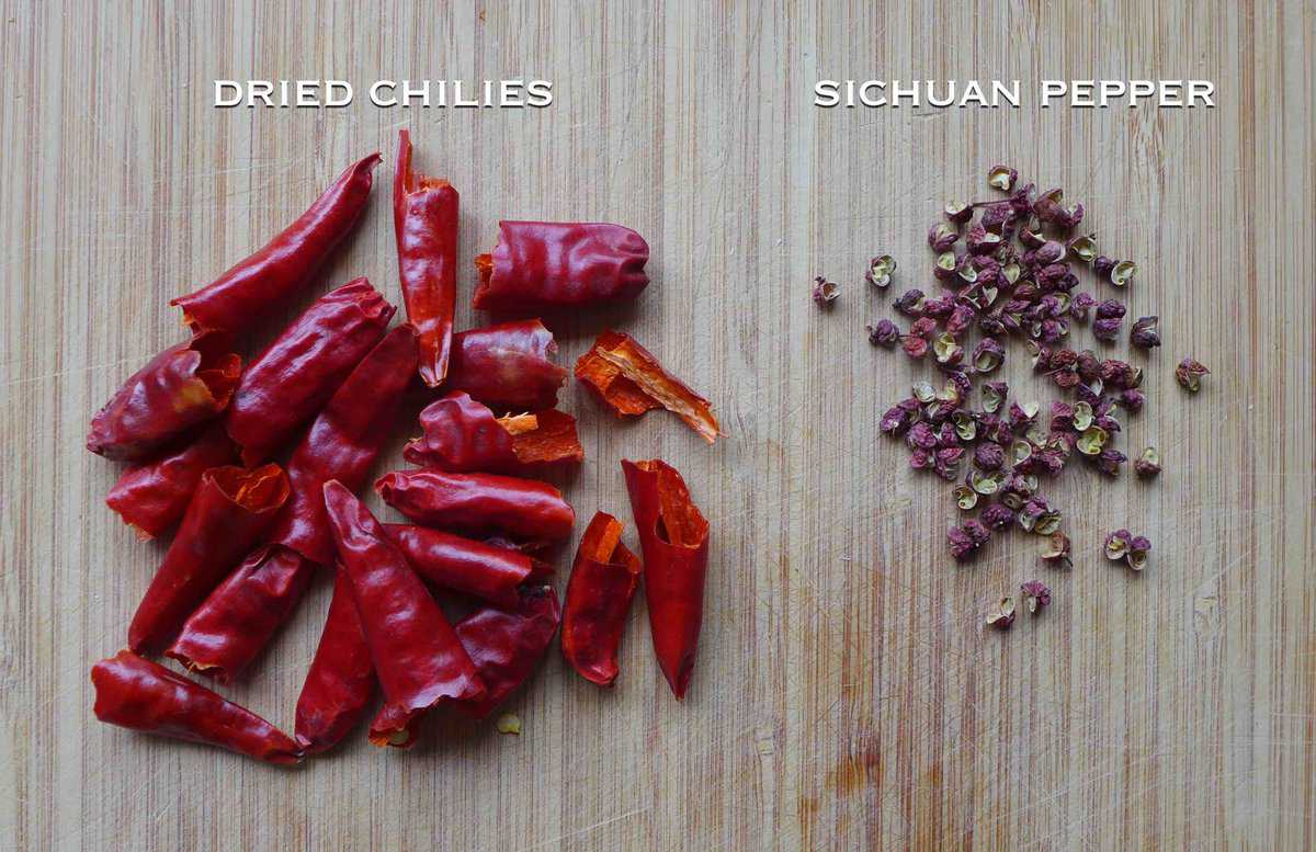 dried chilies and Sichuan pepper.
