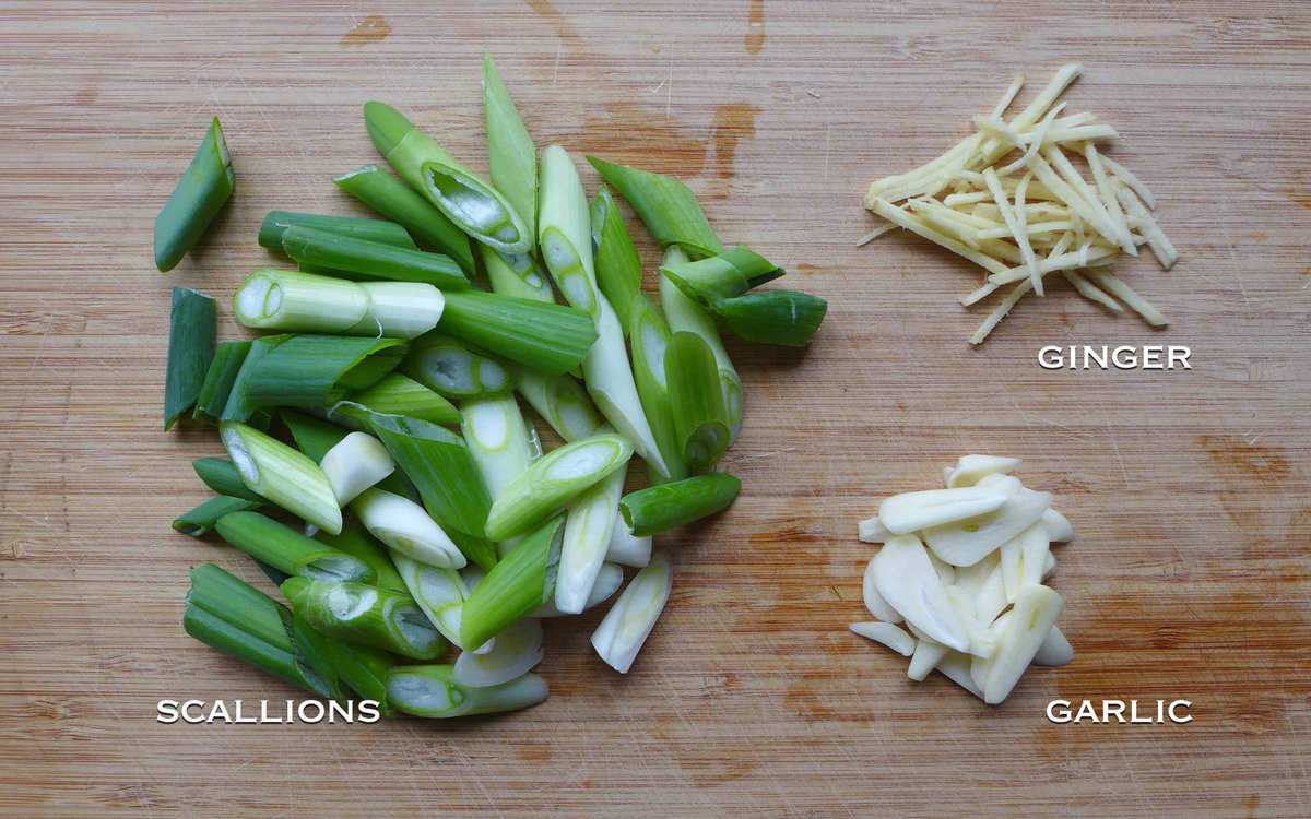 chopped scallions, ginger and garlic.