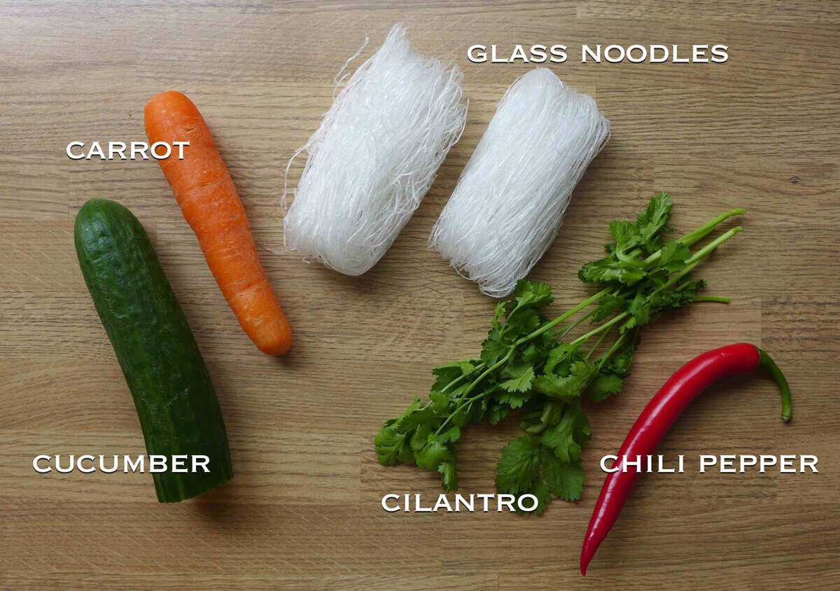 Raw ingredients for glass noodle salad.