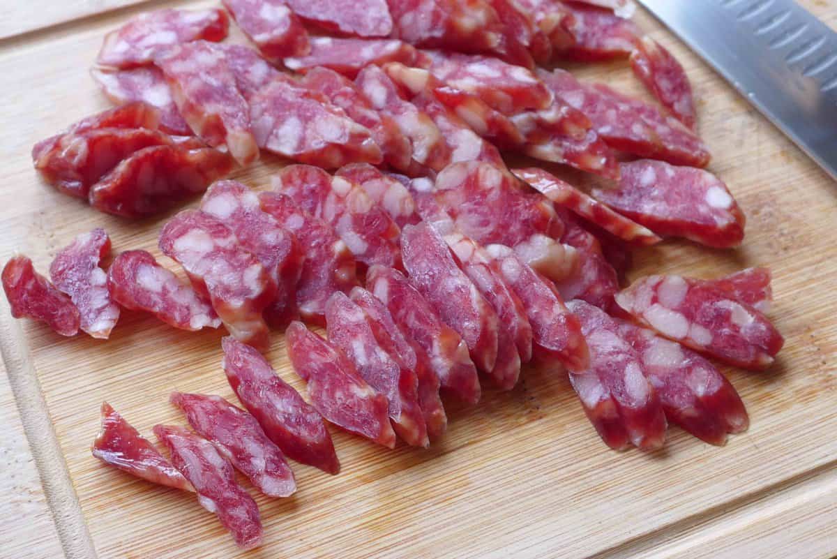 sliced Chinese sausages.