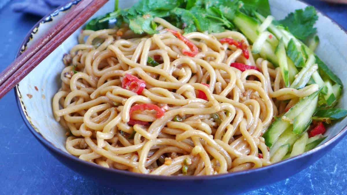 Chinese sesame noodles in a bowl.