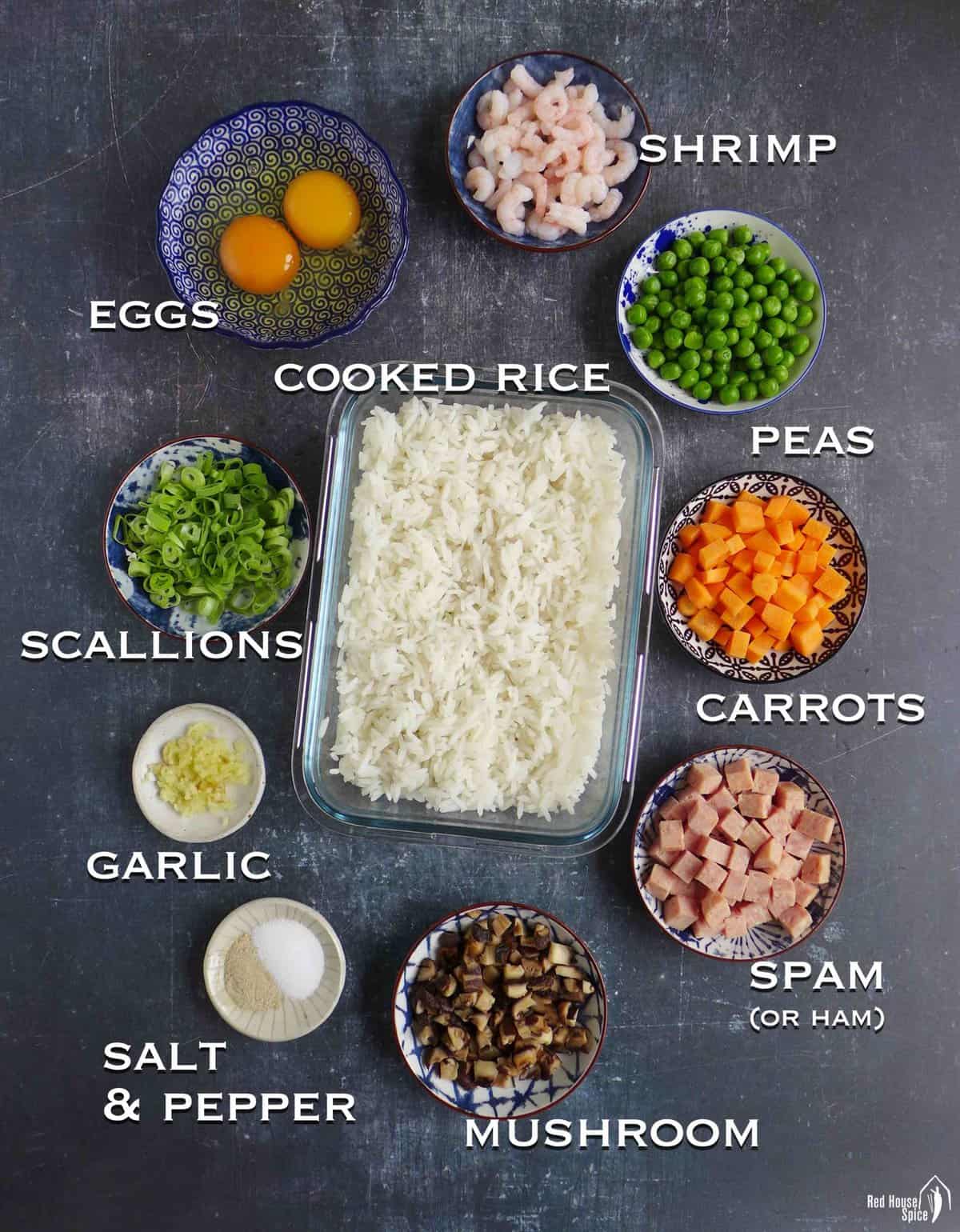 ingredients for making Yanzhou fried rice.