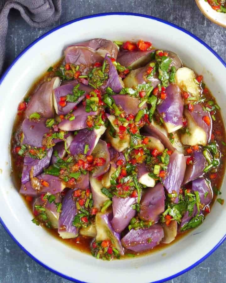 a plate of steamed eggplant with chili garlic dressing