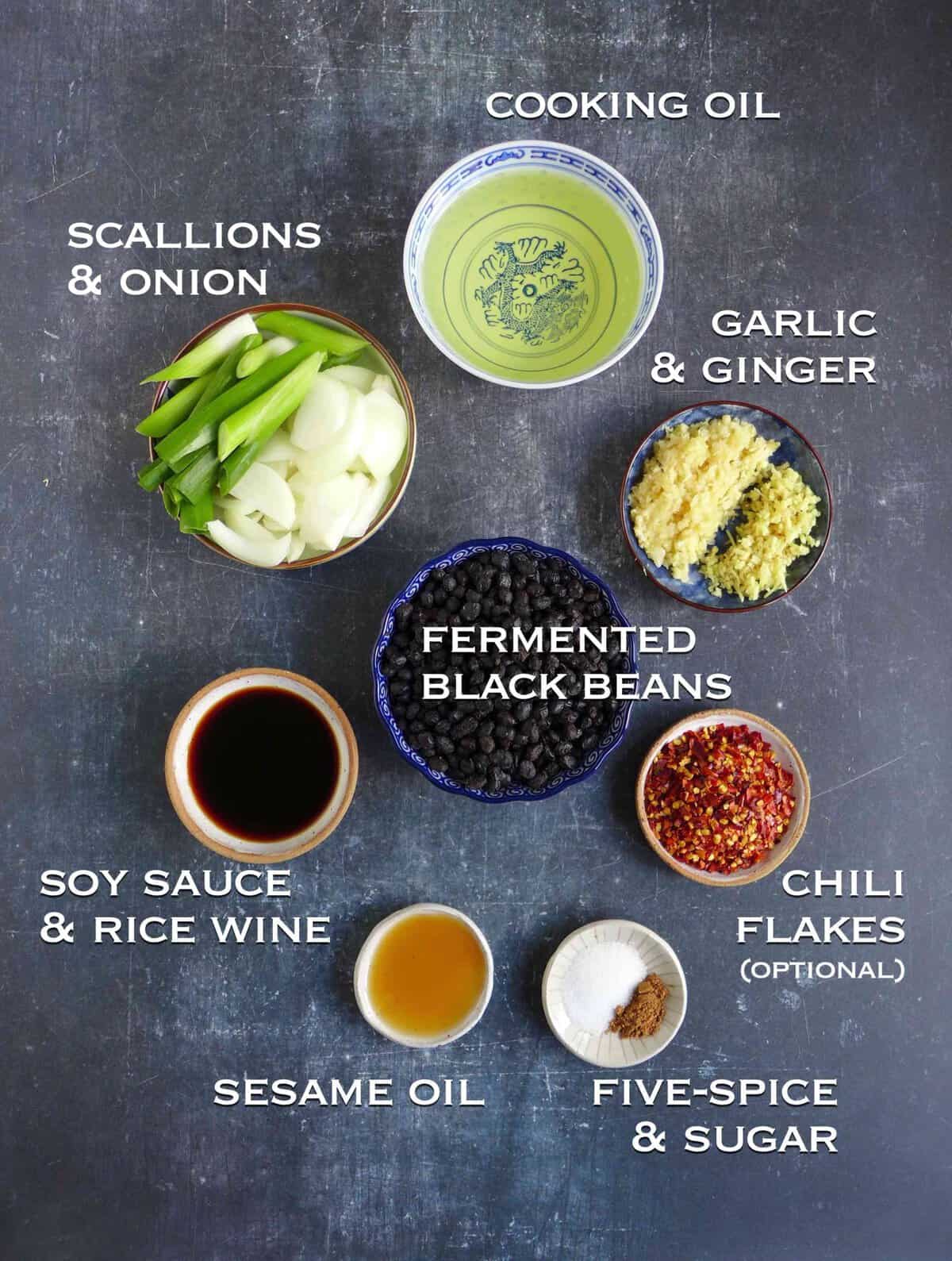 Ingredients for making black bean sauce.