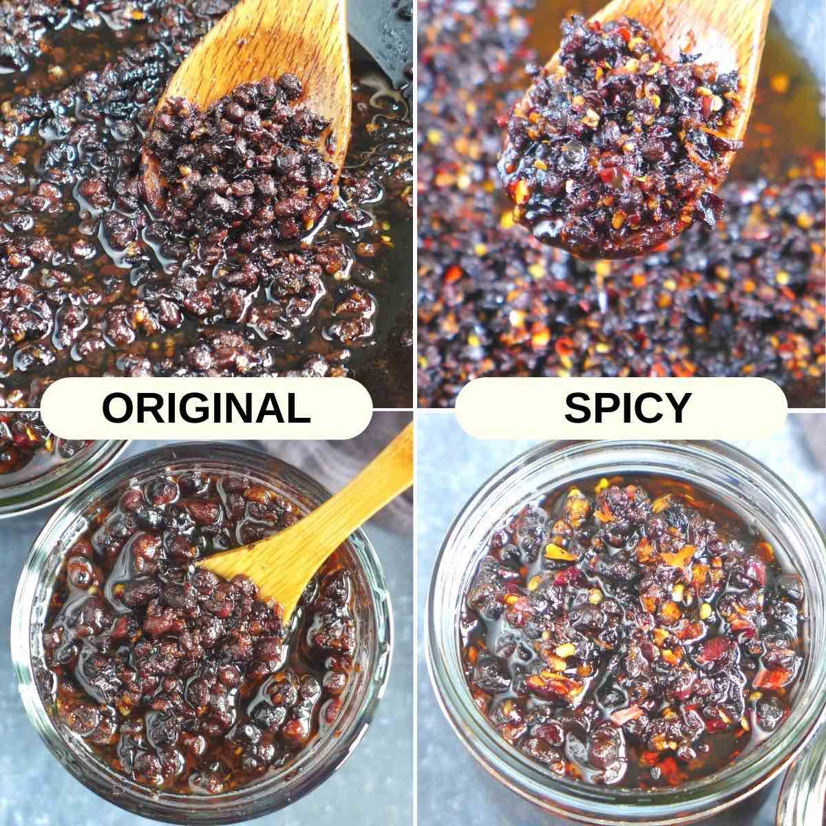 Original and spicy versions of black bean sauce in wok and in jars.