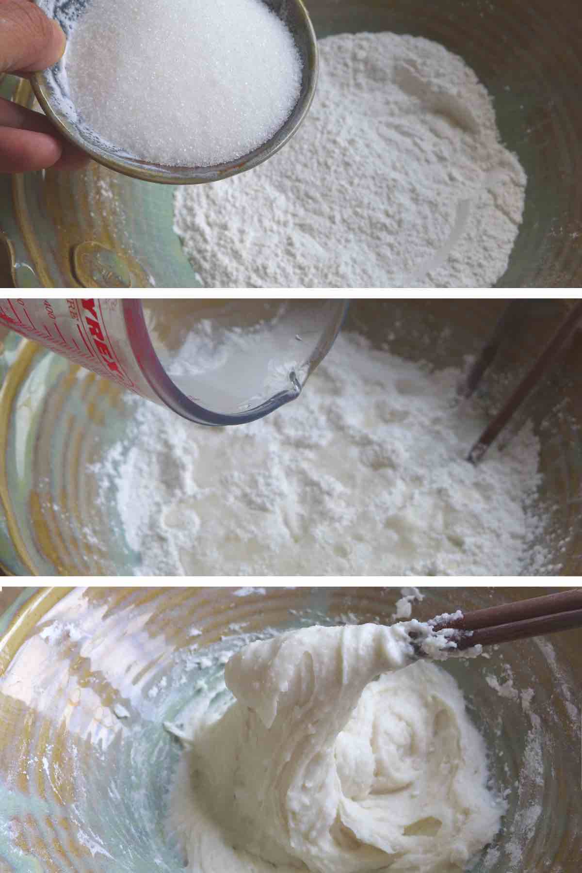 mixing glutinous flour, sugar and water.